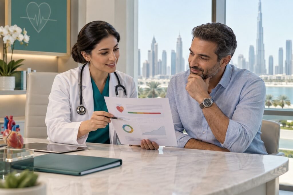 Clinician reviewing a cholesterol laboratory report with a patient
