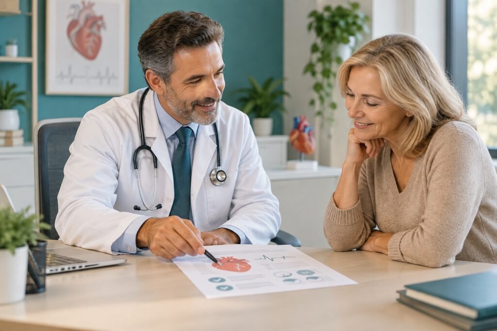 Cardiologist and patient reviewing a simple heart check-up plan