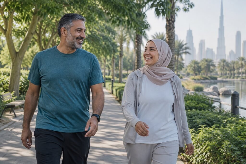 Two adults walking at a comfortable pace on a shaded path