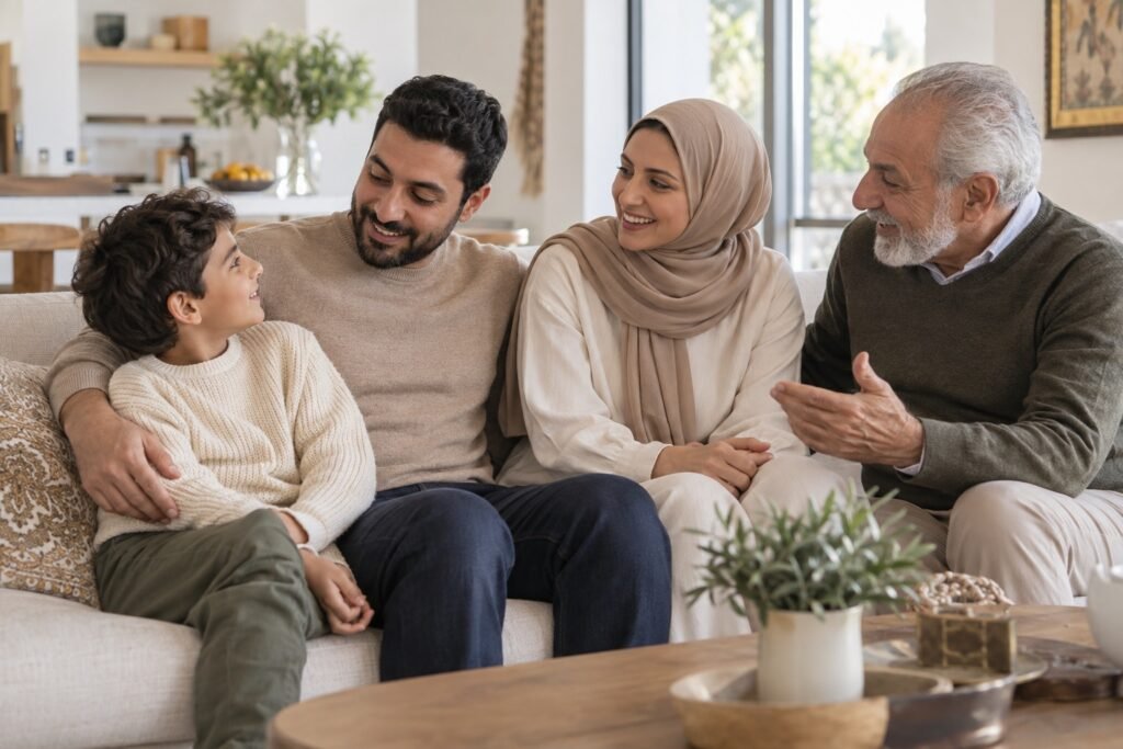 Three generations of a family talking together in a bright home