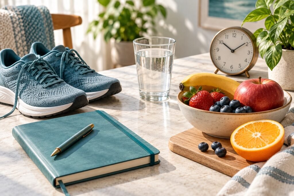 Notebook, walking shoes, water and fruit arranged for a healthy daily routine