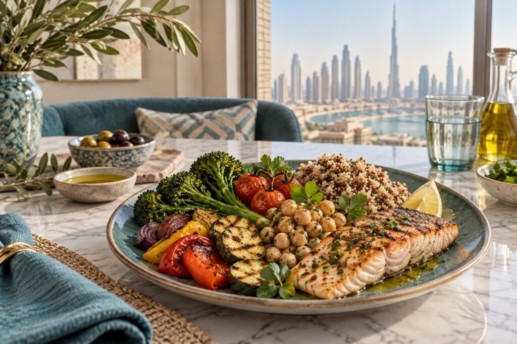 Colourful plate of vegetables, beans, whole grains and olive oil