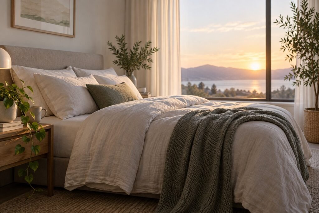 Peaceful bedroom at dawn with soft natural light