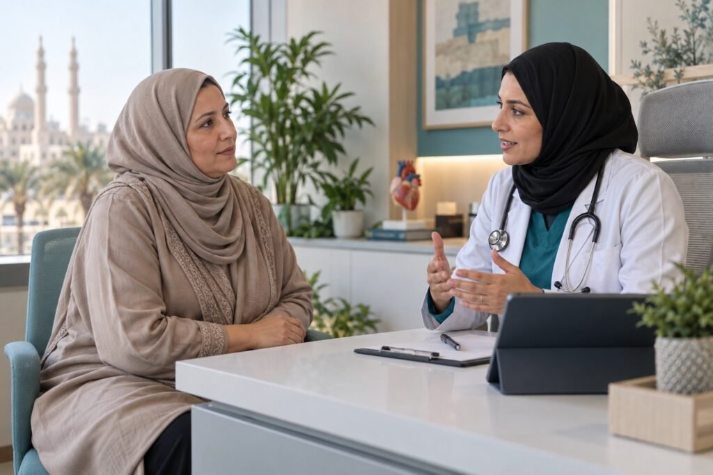 Woman discussing a preventive heart health assessment with a clinician